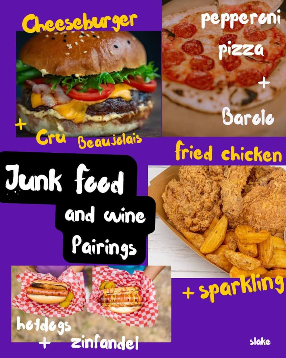 A collage of junk food and wine pairings