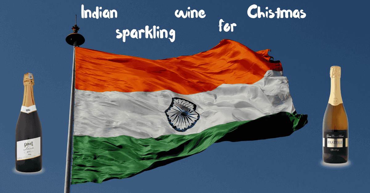 Indian flag in the wind, with the words Indian sparkling wine for Christmas around it