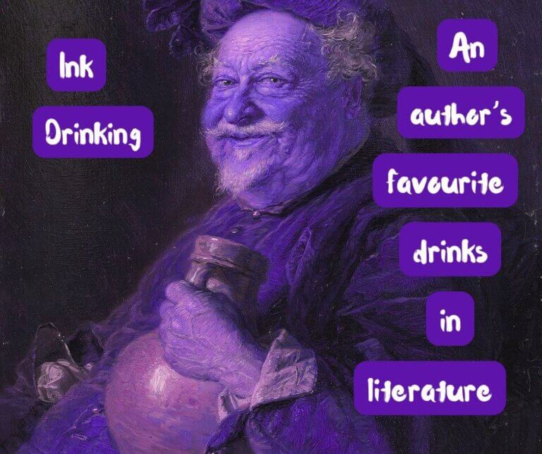 painting of shakespeare's falstaff and the words 'ink drinking, an author's favourite drinks in literature' on top