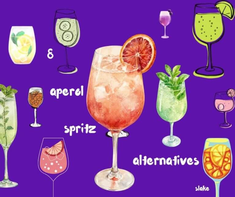 multiple illustrations of wine spritzes, with the words 8 aperol spritz alternatives