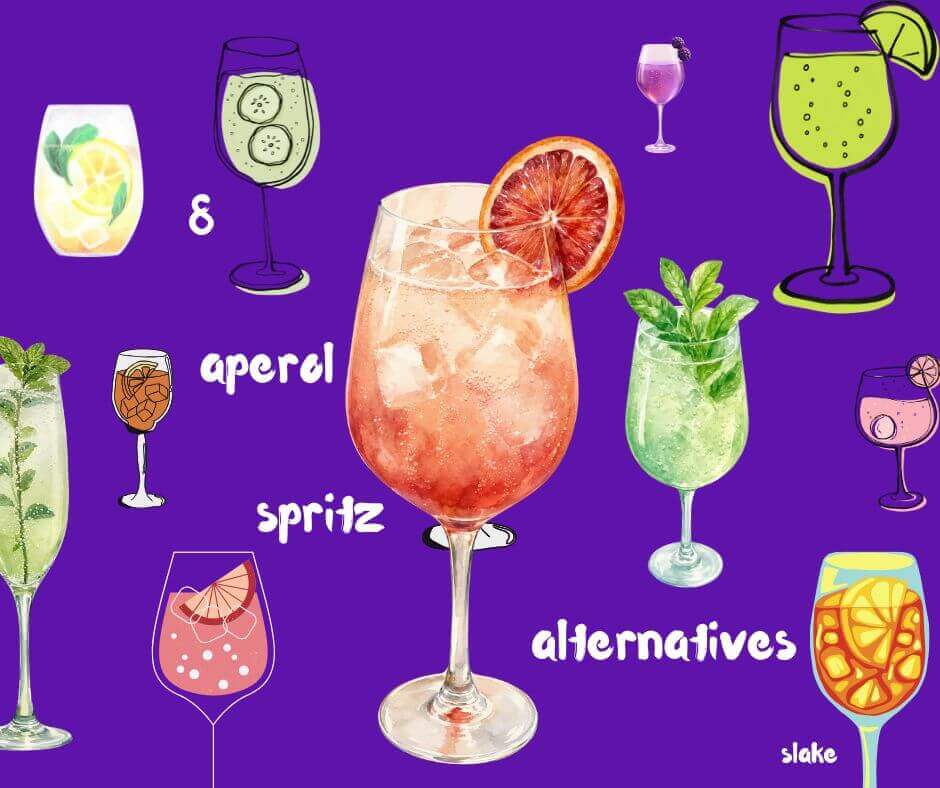 multiple illustrations of wine spritzes, with the words 8 aperol spritz alternatives