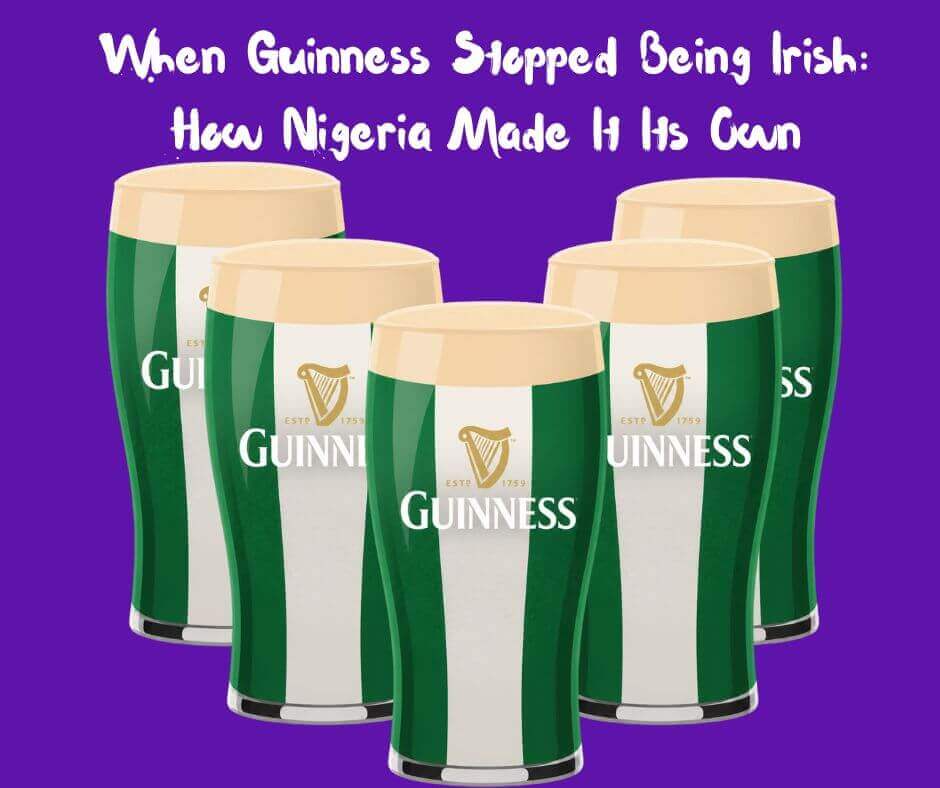 several pints of guinness but they liquid is the colour of the nigerian flag. illustrating an article about nigerian guinness