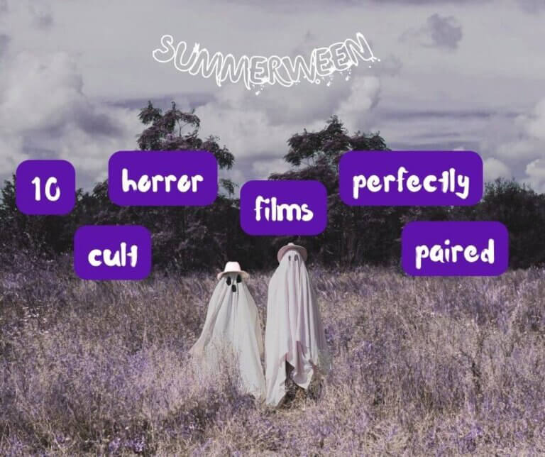 peoples in bedsheets like ghosts, in a field. summerween is the title