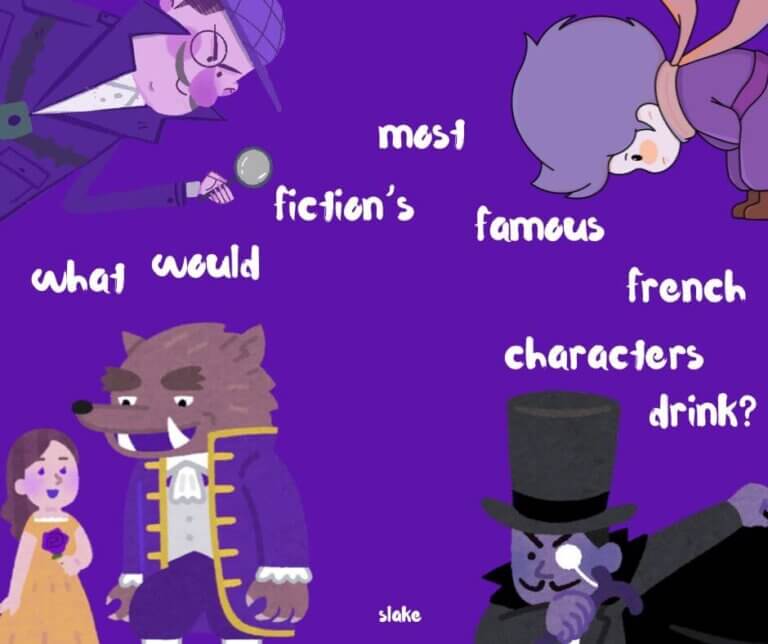 images that bare resemblance to famous fictional french characters, asking what would they drink