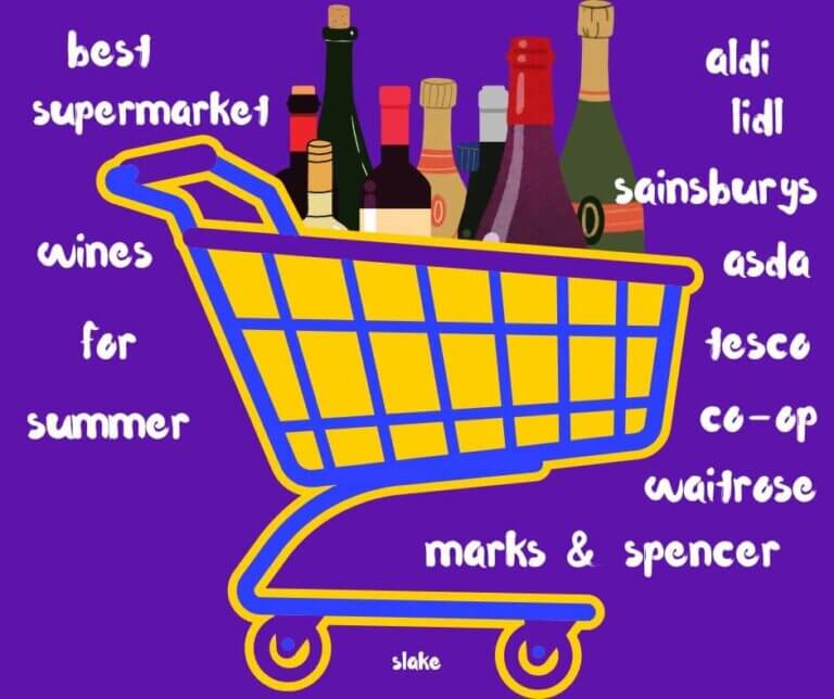 a drawing of a trolley with bottles of wine, and the words best supermarket wines for summer, aldi, tesco, sainsburys, lidl, co-op, waitrose, marks and spencer